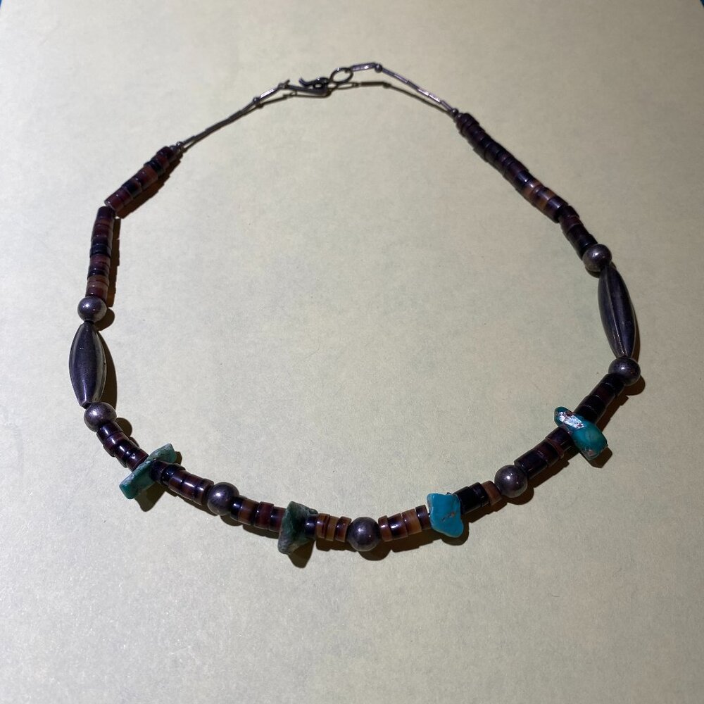 Choker type necklace - silver, turquoise nuggets and shells